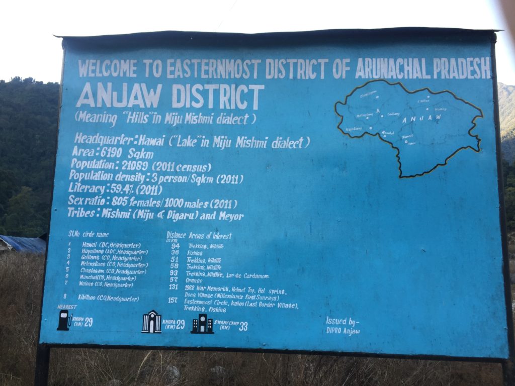 The map and demographic details of Anjaw district. Population of 21089 people in 6190 sqkm. This district is inhabited by Mishmi and Meyor Tribes.