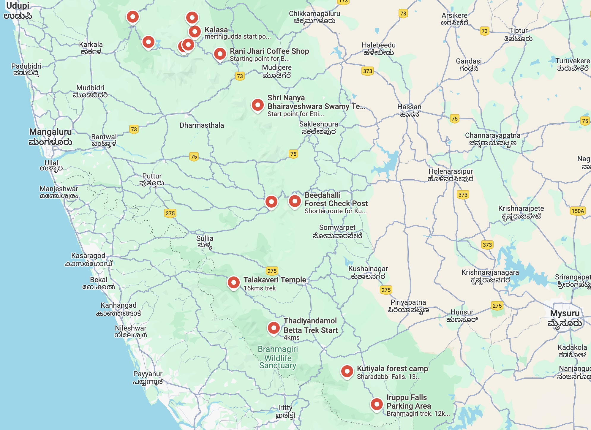 Map view of treks in Karnataka near Coorg, Sakleshpur, Chikamagalur